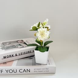 Chậu hoa trà giả mini 3 bông kèm chậu cao 14cm để bàn kệ sách decor nhỏ xinh 4