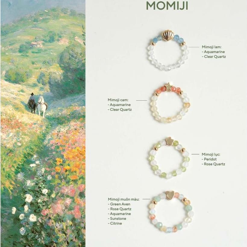 Nhẫn Momiji đá tự nhiên năng lượng tình duyên học tập tài lộc mix charm mạ vàng - Mầm by Xanh