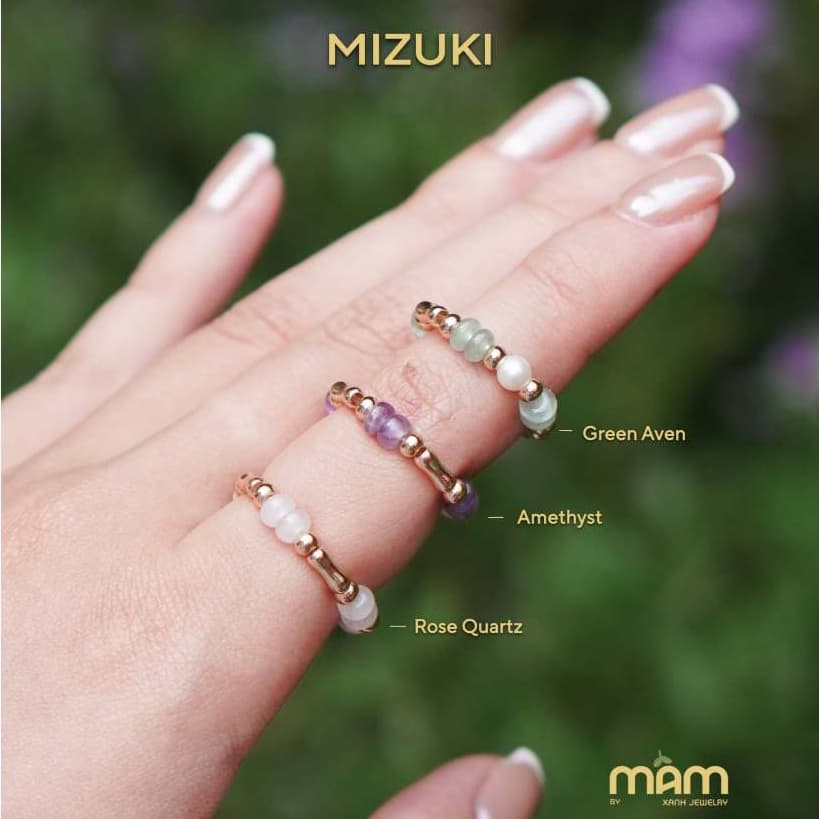 Nhẫn Mizuki đá tự nhiên năng lượng tình duyên học tập tài lộc mix charm mạ vàng - Mầm by Xanh