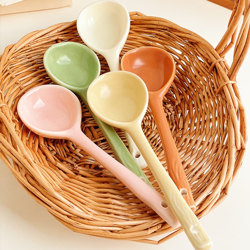 Set 10 muỗng sứ dài đầu tròn mix màu và Set 6 thìa/muỗng inox dài nouva