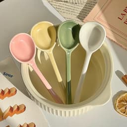 Set 10 muỗng sứ dài đầu tròn mix màu và Set 6 thìa/muỗng inox dài nouva 5