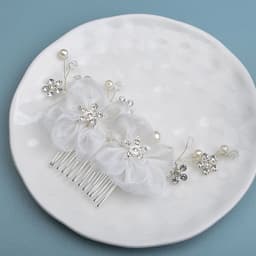 Kẹp Tóc Cô Dâu Hoa Mai Voan Ngoc Trai Đính Đá Pha Lê – Lược Cài Tóc Cưới Sang Trọng Handmade ponny 5