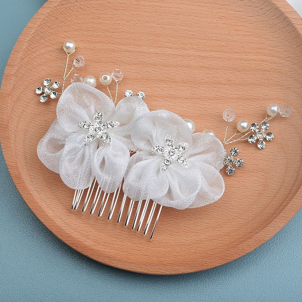 Kẹp Tóc Cô Dâu Hoa Mai Voan Ngoc Trai Đính Đá Pha Lê – Lược Cài Tóc Cưới Sang Trọng Handmade ponny