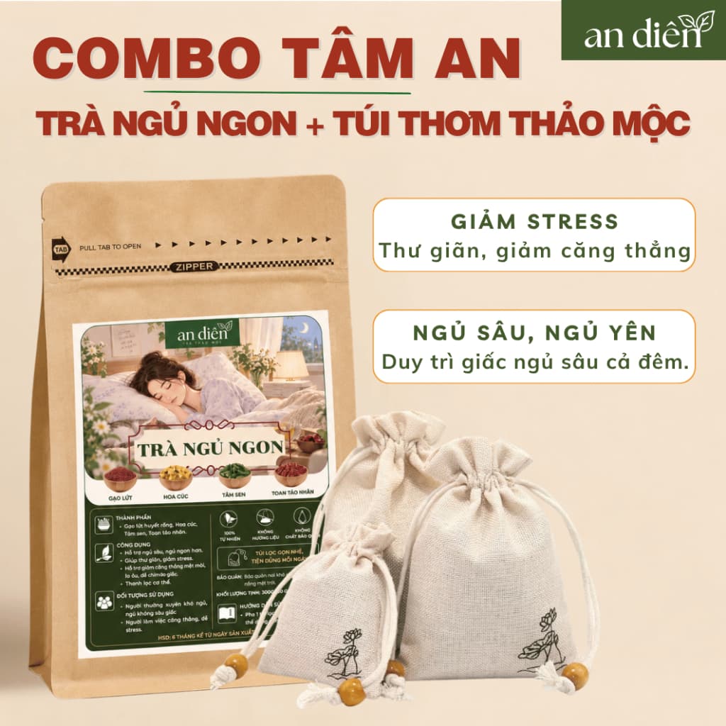 Combo Trà tâm sen tứ vị, túi thơm thảo mộc hỗ trợ ngủ ngon, an thần, sâu giấc, người mất ngủ lâu năm