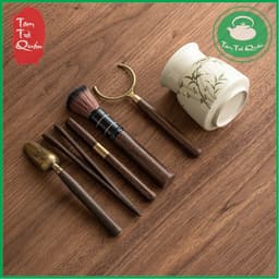 Bộ 5 dụng cụ pha trà, trà cụ kèm bình sứ đựng họa tiết cành trúc 2