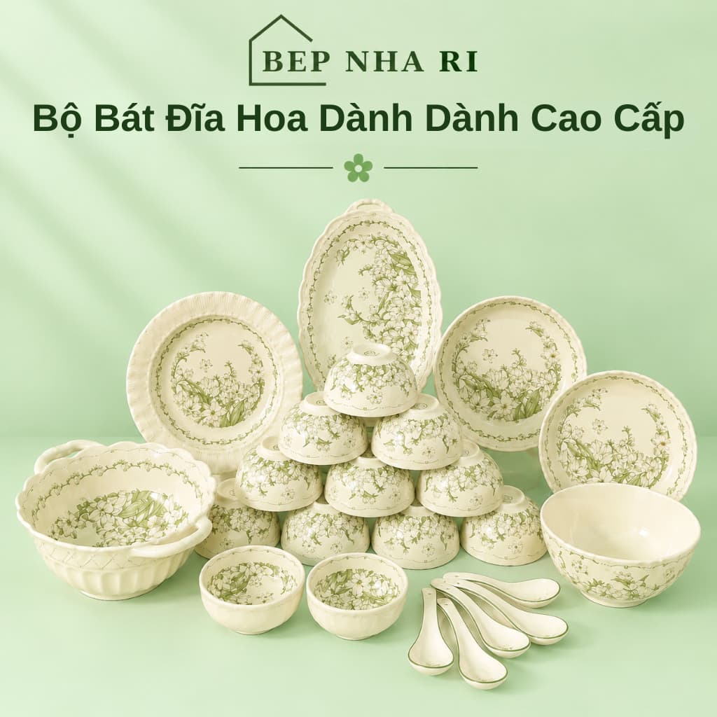 Bộ Bát Đĩa Gốm Sứ Họa Tiết Hoa Dành Dành CAO CẤP Dùng Cho Gia Đình, Quà Tặng Tân Gia Ý Nghĩa