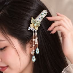 Kẹp Tóc Nữ Đính Đá Ngọc Trai Tua Rua Dáng Dài, Kẹp Tóc Cổ Trang Đính Đá Hình Bướm Sang Trọng Phối Áo Dài Đi Tiệc 1