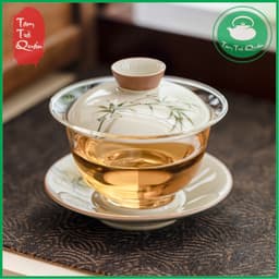 Khải thủy tinh pha trà nắp sứ kèm đĩa kê sứ họa cành trúc 142ml 1