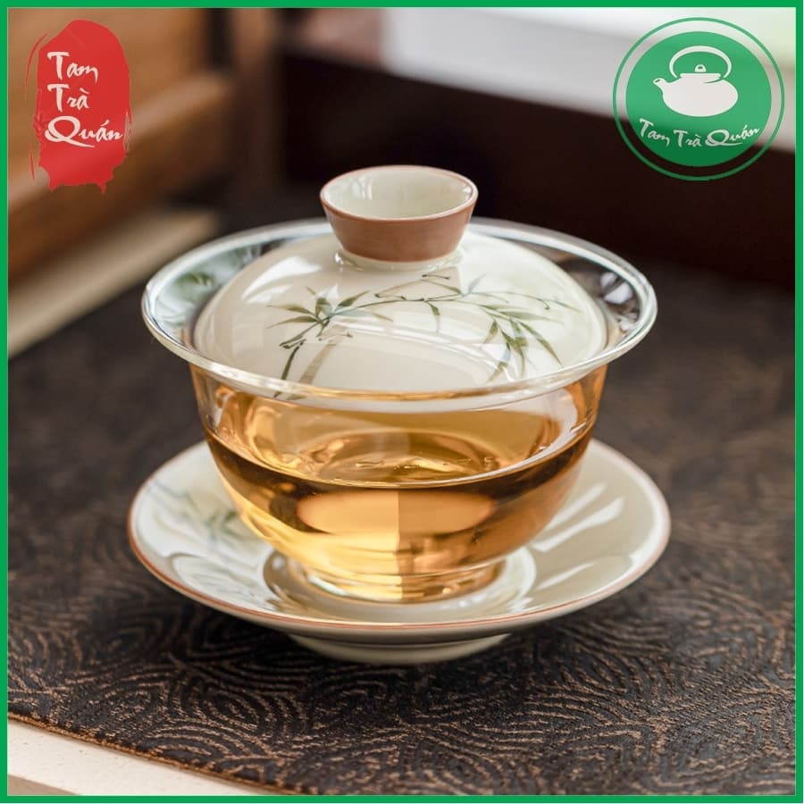 Khải thủy tinh pha trà nắp sứ kèm đĩa kê sứ họa cành trúc 142ml