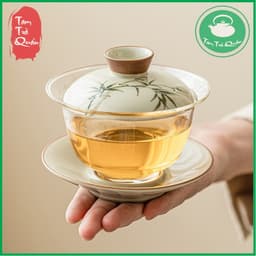 Khải thủy tinh pha trà nắp sứ kèm đĩa kê sứ họa cành trúc 142ml 2