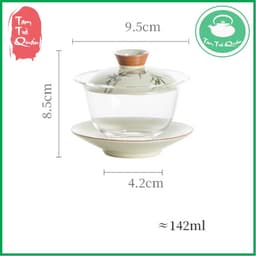 Khải thủy tinh pha trà nắp sứ kèm đĩa kê sứ họa cành trúc 142ml 6