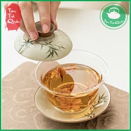 Khải thủy tinh pha trà nắp sứ kèm đĩa kê sứ họa cành trúc 142ml 3