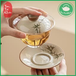 Khải thủy tinh pha trà nắp sứ kèm đĩa kê sứ họa cành trúc 142ml 5