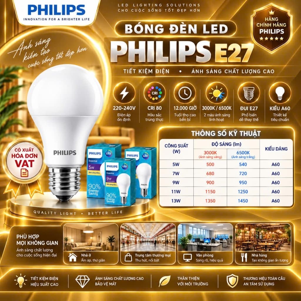 Bóng đèn LED PHILIPS tiết kiệm điện Essential E27 5W 7W 9W 11W 13W (vàng, trắng) (01 bóng) - Đèn Philips BẾP CHÂU ÂU