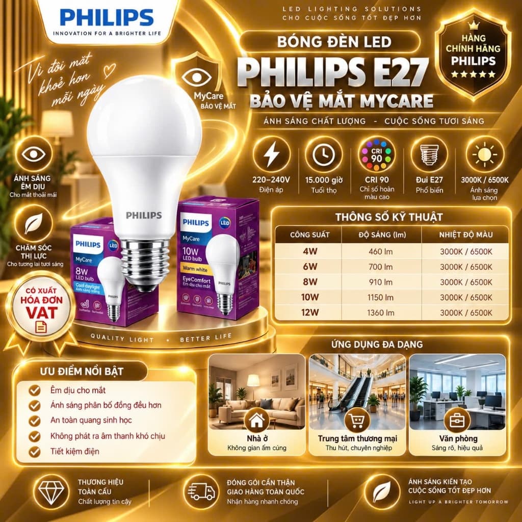Bóng đèn LED PHILIPS Bulb A60 bảo vệ mắt Mycare, Công suất (4W,6W,8W,10W,12W) (01 bóng) BẾP CHÂU ÂU