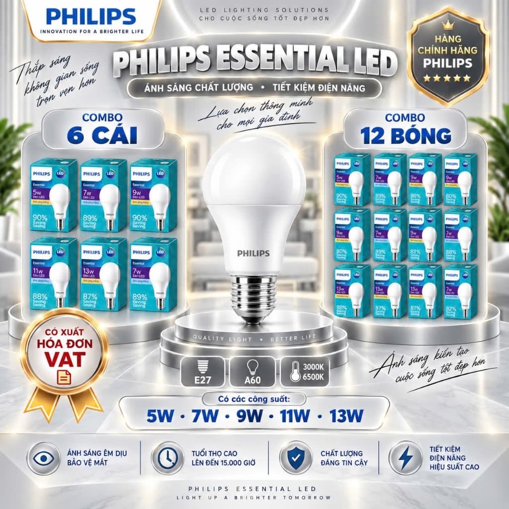 Bóng Đèn LED Philips Essential E27 A60 – Combo 6 Cái & 12 Bóng, Tiết Kiệm Điện, Ánh Sáng Êm Dịu