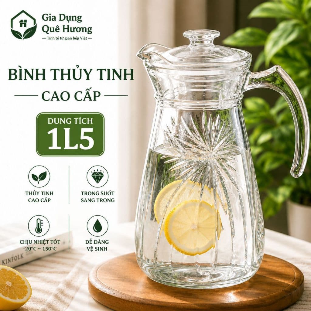 Bộ Bình Thủy Tinh  Đưng Nước Dung Tích 1l8 Cón Quai Cầm Tiện Lợi