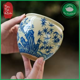 Bô sứ đổ cặn trà, nước trà men lam họa tiết sơn thủy 450ml | Dụng cụ thưởng trà 6