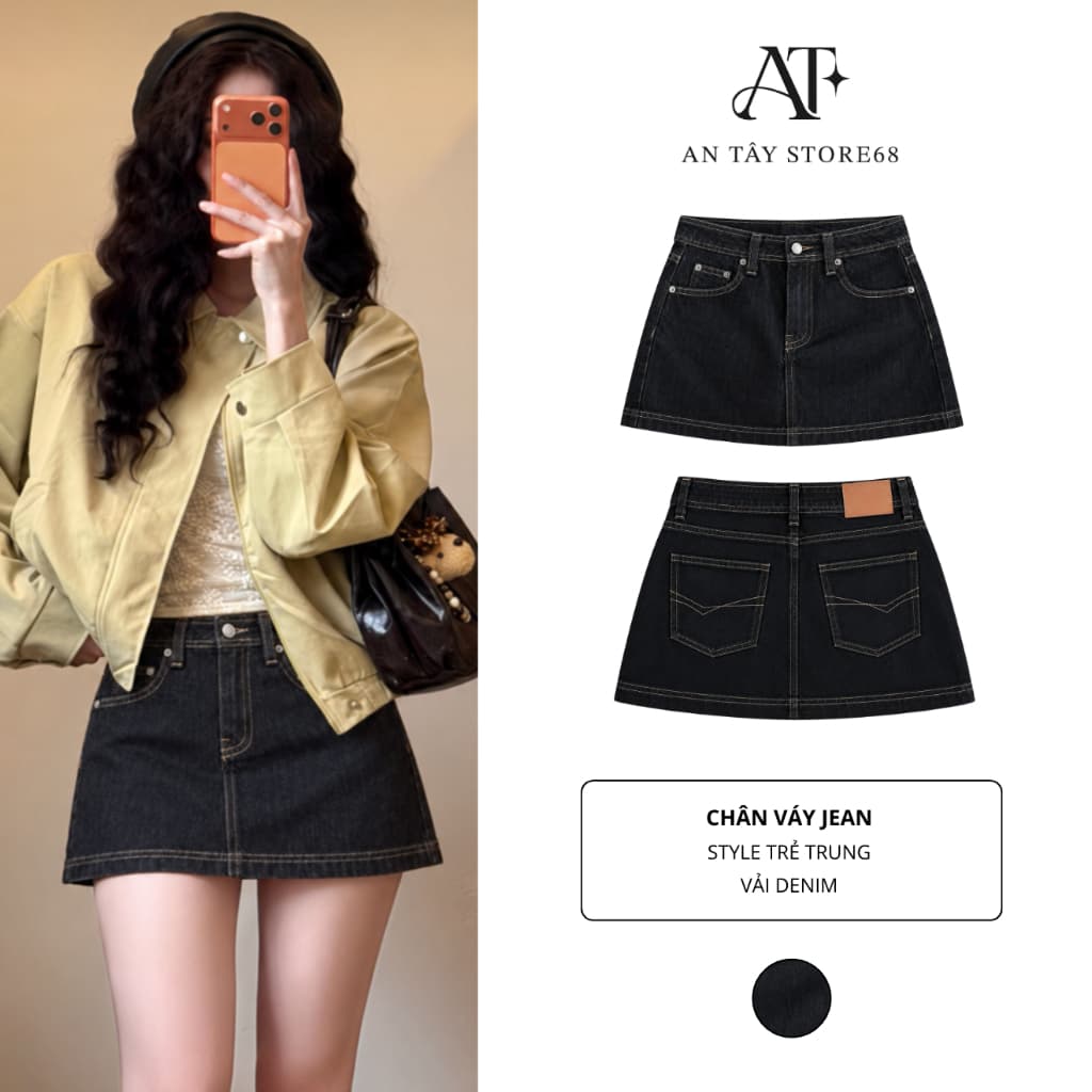 Chân Váy Jean Nữ AN TÂY - Form Chữ A, Cạp Cao, Hack Dáng Tôn Eo, Vải Denim Đẹp #8761 Màu Xanh Than