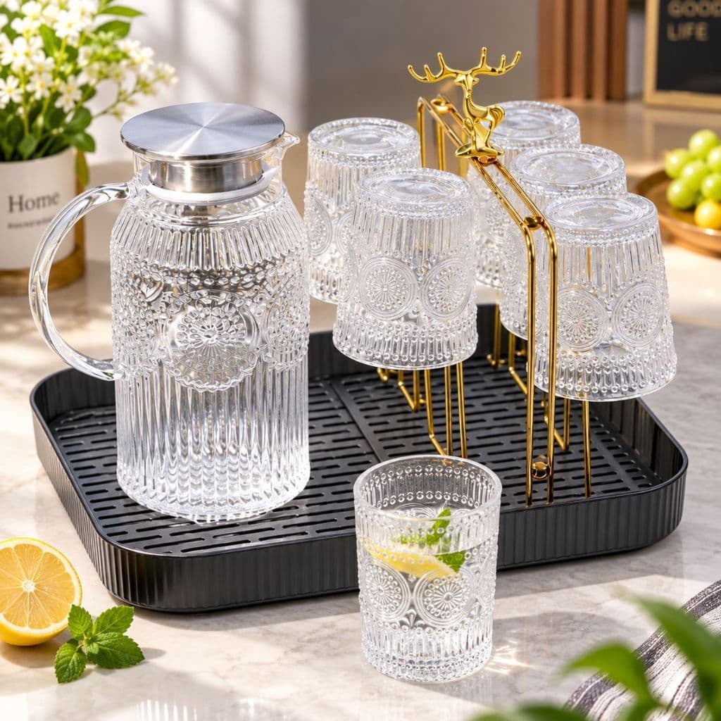 Bộ Bình Nước Thủy Tinh Chịu Nhiệt Bộ Bình Cốc Có Thể Đun Trên Bếp Dung Tích 1,8l Họa Tiết Mặt Trời
