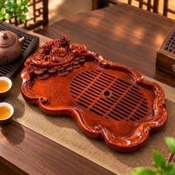 Khay Trà thần tài, tượng điêu khắc giả gỗ cực đẹp và sang trọng, Khay đựng ấm chén đẹp 1