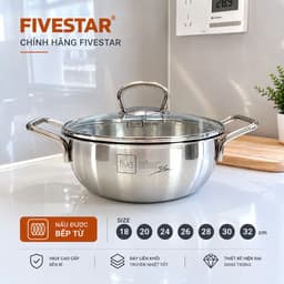 Nồi Lẩu, Nồi um kho thân cao Đáy liền nguyên khối  Fivestar inox 304 Cao Cấp đủ Size 18/20/22/24/26/28/30/32cm 1