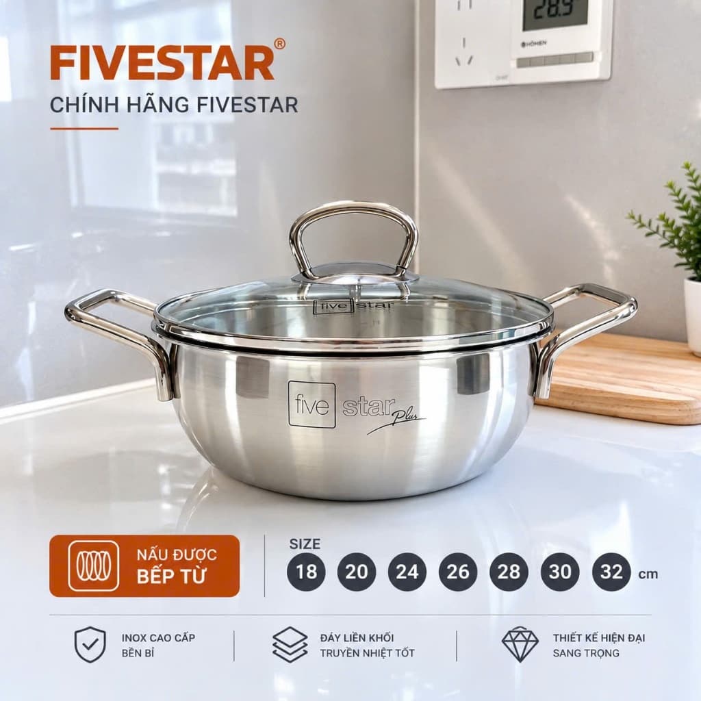 Nồi Lẩu, Nồi um kho thân cao Đáy liền nguyên khối  Fivestar inox 304 Cao Cấp đủ Size 18/20/22/24/26/28/30/32cm