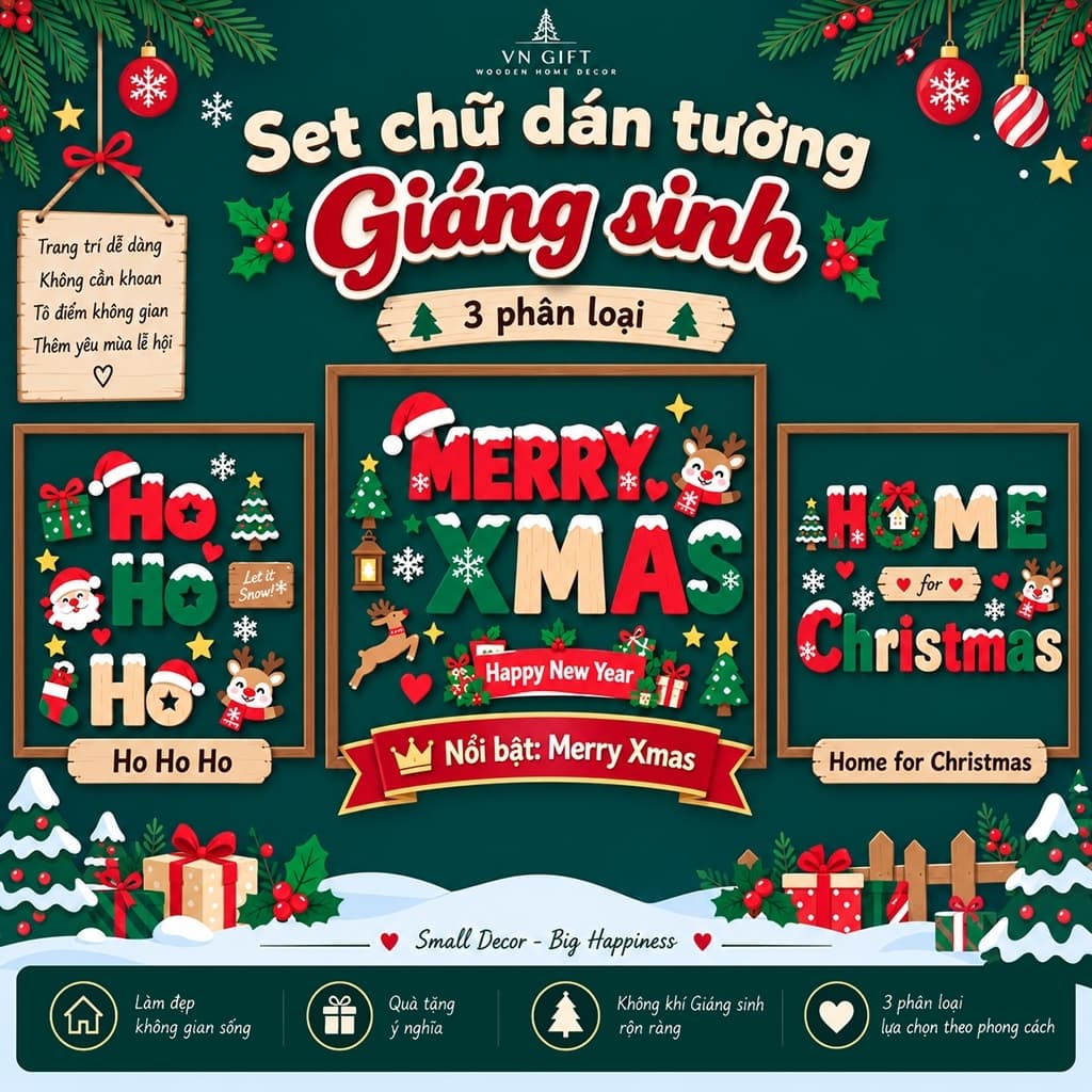 Set tranh gỗ dán tường chủ đề Giáng sinh, trang trí nhà cửa, văn phòng, homestay...