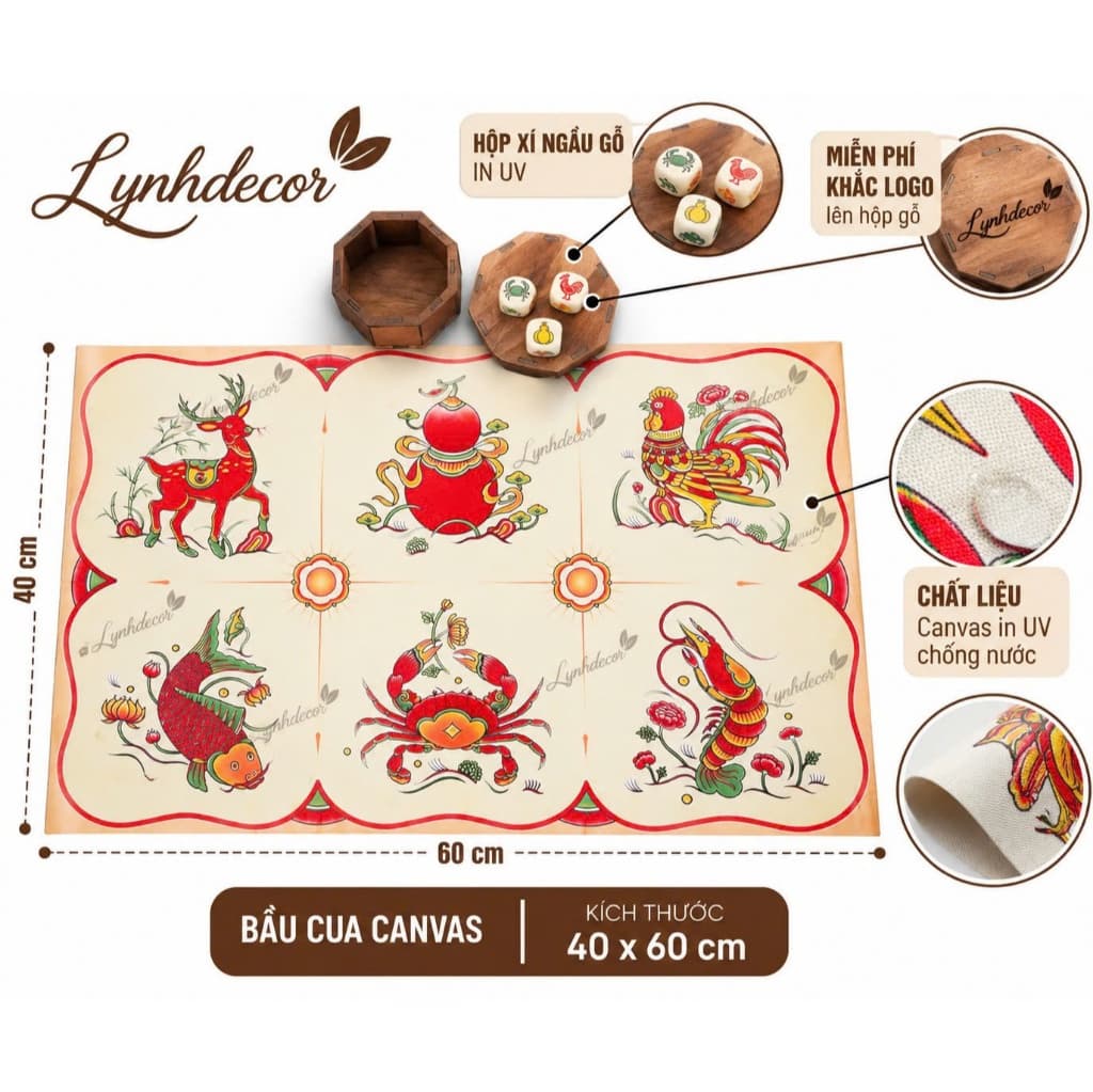 Bộ Bầu Cua Tôm Cá Truyền Thống Lynhdecor - Bàn Cờ Vải Canvas Cao Cấp - Boardgame Dịp Lễ Tết