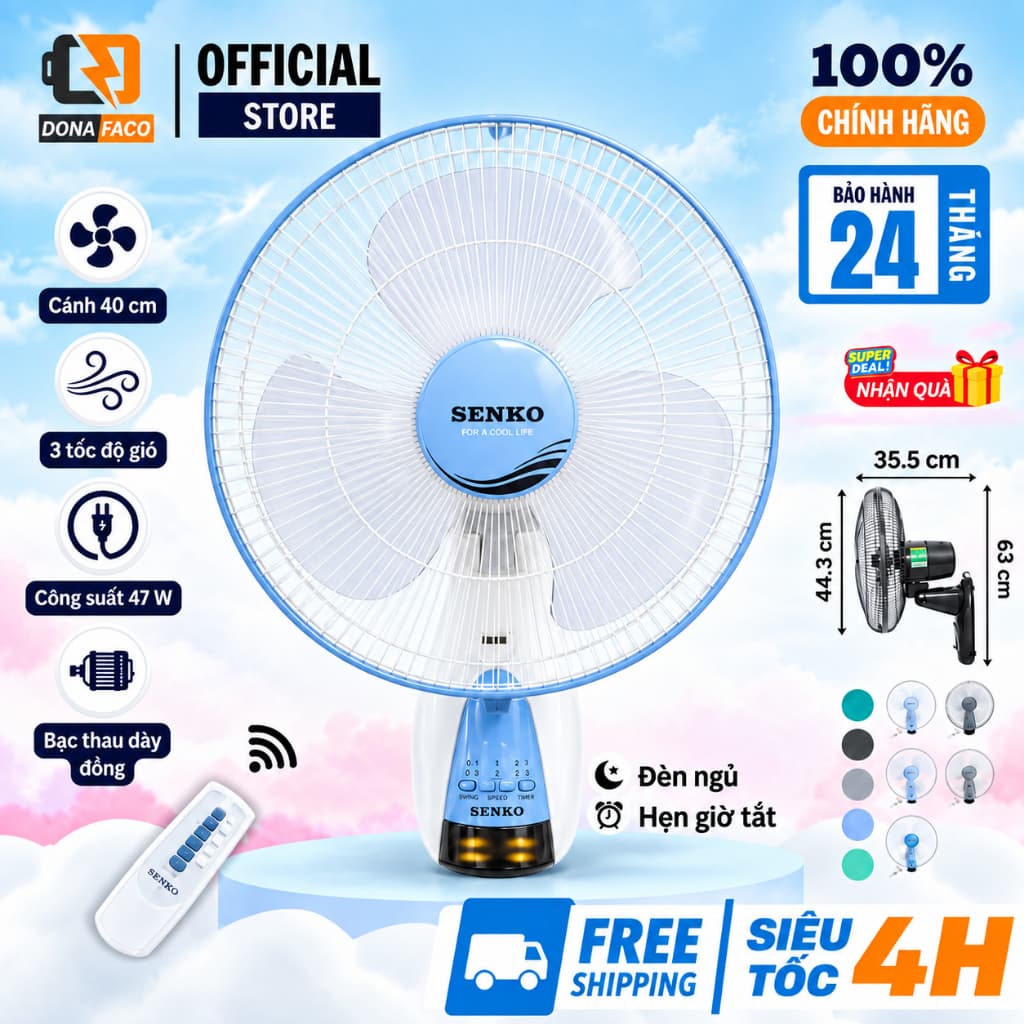 Quạt treo tường điều khiển từ xa Senko TR1628, Quạt treo có remote công suất 47w 3 cánh chính hãng