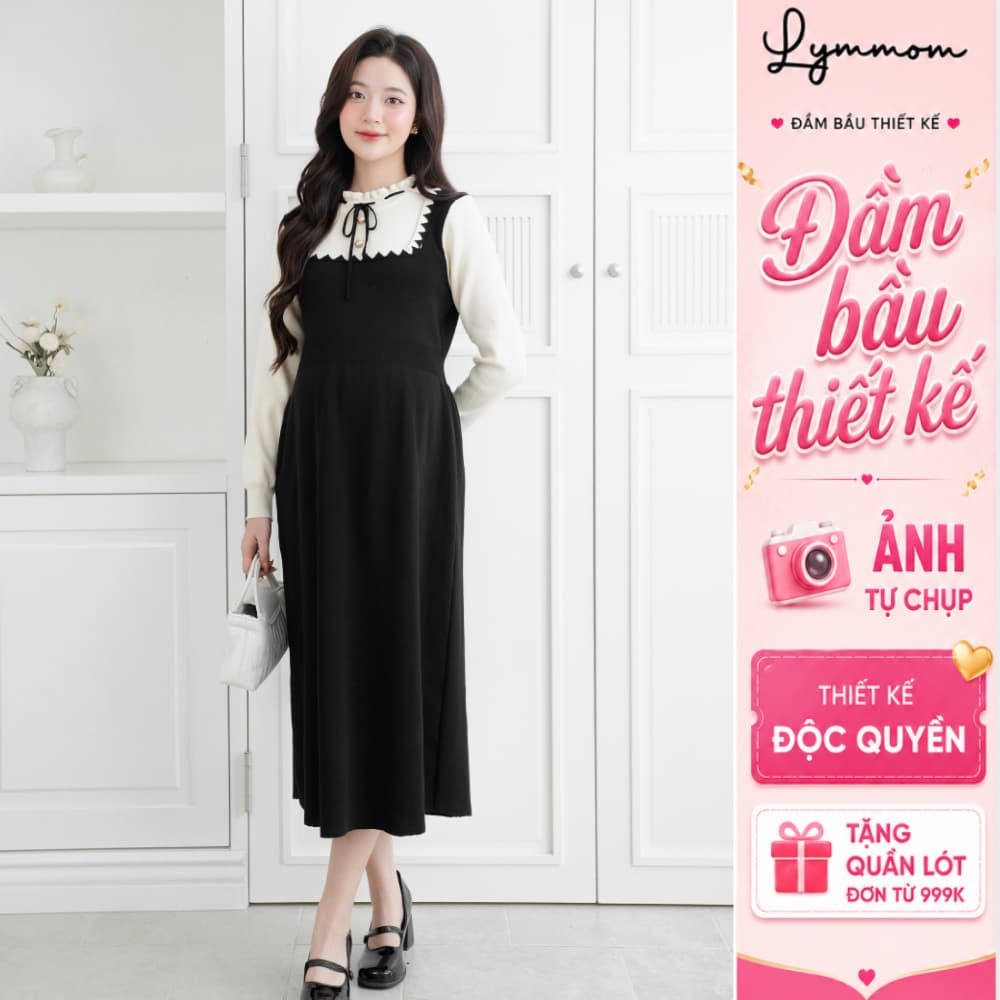 Váy Bầu Lymmom Thu Đông Xinh Dánh Dài Dài Tay, Váy Len Bầu Chất Liệu Cao Cấp Mềm Mại Đi Tiệc VL032