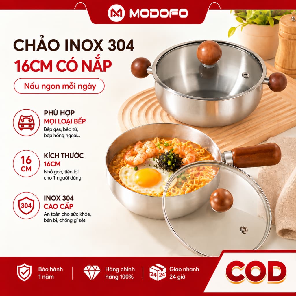 MODOFO Nồi Inox 304 Mini 16cm - Nồi Nấu Mì, Luộc Trứng, Nấu Cháo, Nồi Nhỏ 1 Người Dùng
