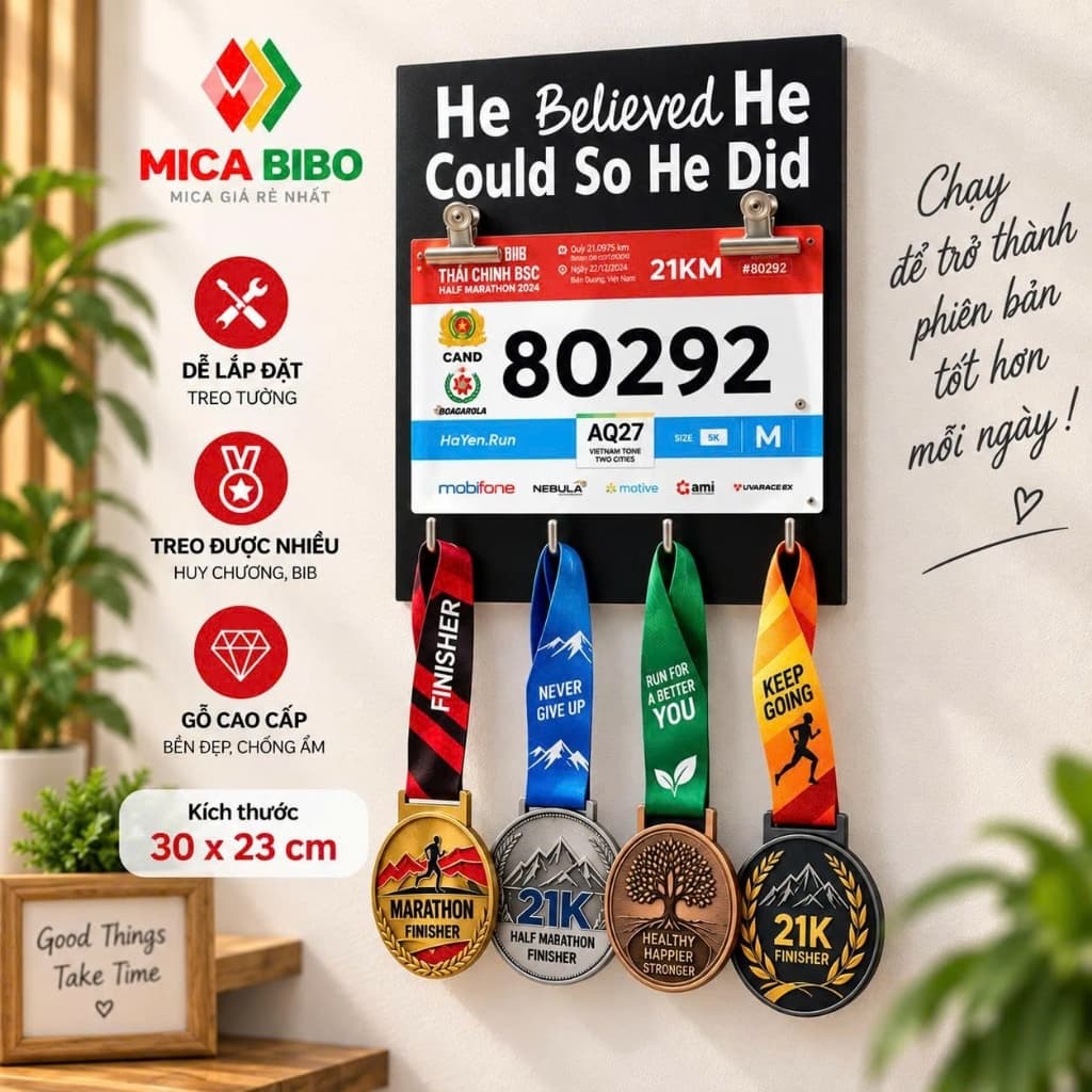 🏃 BẢNG TREO HUY CHƯƠNG CHẠY BỘ + BIB + MEDAL – TREO 40 HUY CHƯƠNG