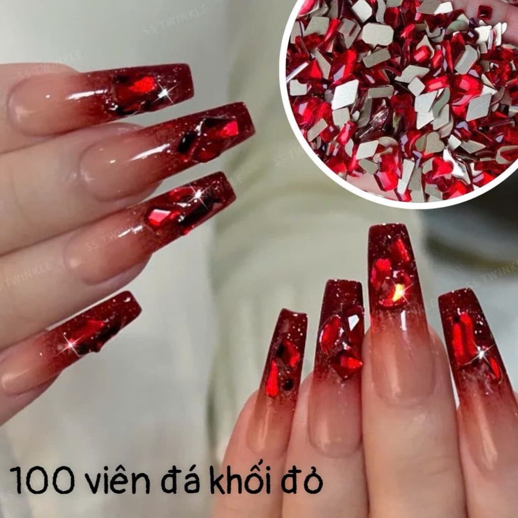 Túi 100 viên đá khối chân bằng trong suốt màu sắc đỏ Bling trang trí móng - Hoangquy.233