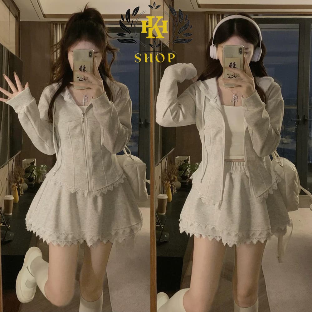 Set Váy Nữ - Áo Nỉ Có Mũ Kèm Chân Váy 2 Tầng Phối Viền Ren Sẵn Lót Bảo Hộ Chất Vải Nỉ 2 Da HK Shop