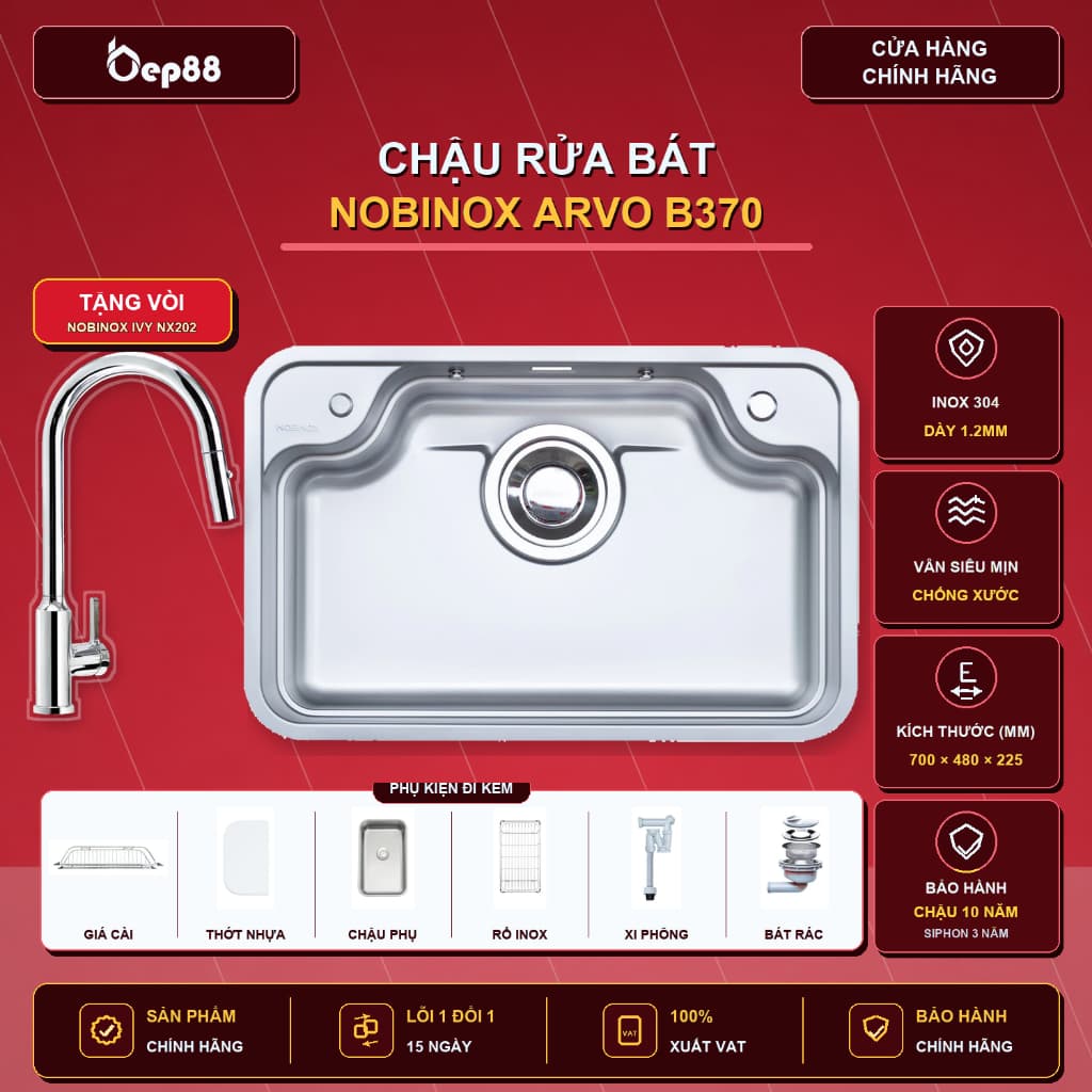 CHẬU RỬA BÁT 1 HỐ NOBINOX ARVO B370