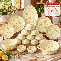 Bộ Bát Đĩa Tô Chén Ăn Cơm Họa Tiết Hoa Mai Vàng 19 Chi Tiết Gốm Sứ Bát Tràng Cao Cấp Sang Trọng Cho Gia Đình  M86 1