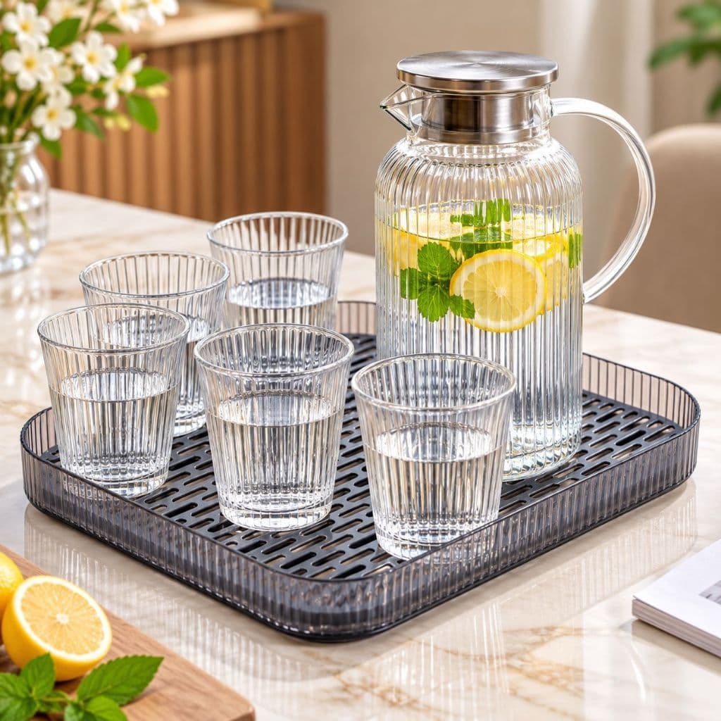 Bộ Bình Nước Thủy Tinh Chịu Nhiệt Bình Đựng Nước Kèm 6 Cốc Thủy Tinh Để Bàn Sang Trọng Dung Tích 1,6L_M119