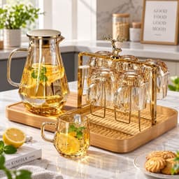 Bộ cốc bình nước thuỷ tinh cao cấp, bộ bình nước 6 cốc kèm khay để bàn sang trọng cho phòng khách phong cách hiện đại 1