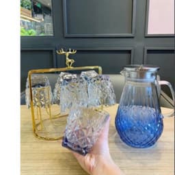 Set Bình Nước + 6 Cốc Thuỷ Tinh Đế Vuông Hongli + Bình nước chịu nhiệt họa tiết mắt na Hàng Vip  M31 5