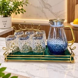 Set Bình Nước + 6 Cốc Thuỷ Tinh Đế Vuông Hongli + Bình nước chịu nhiệt họa tiết mắt na Hàng Vip  M31 1