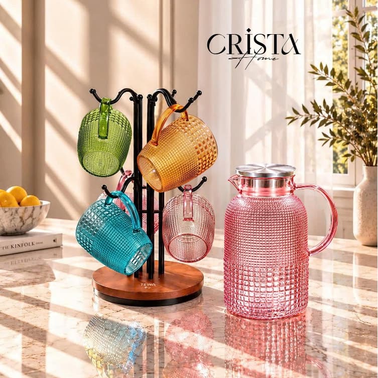 Bộ 6 Cốc Thủy Tinh Vân Hạt Sương Mai Có Quai Crista Home 420ml, Borosilicate Chịu Nhiệt – Mã 60306