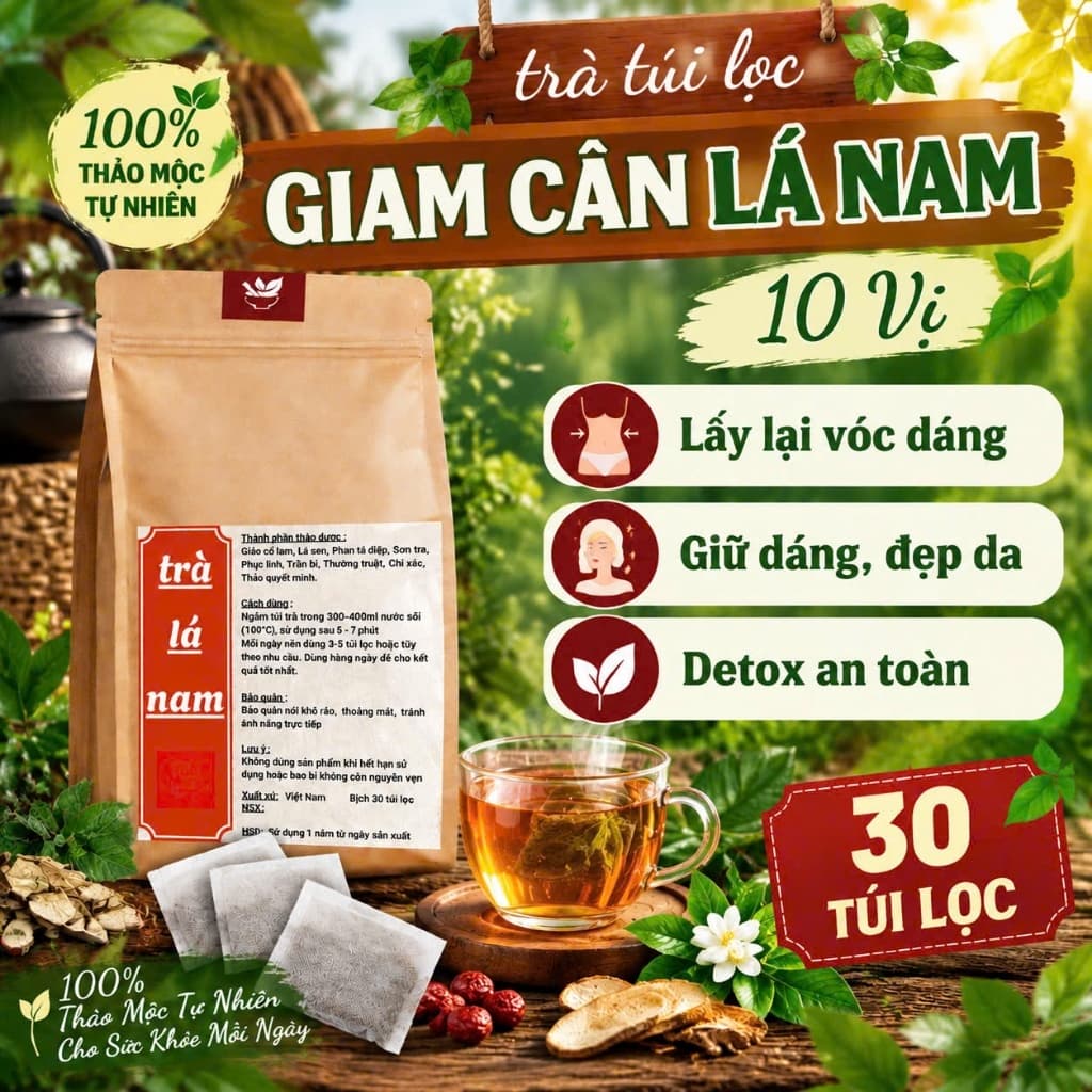 Giam Cân Lá Nam - 10 vị Lấy lại Vòng Eo Con Kiến , Detox an toàn, giữ dáng đẹp da.Hộp 30 gói