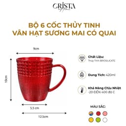 Bộ 6 Cốc Thủy Tinh Vân Hạt Sương Mai Có Quai Crista Home 420ml, Borosilicate Chịu Nhiệt – Mã 60306 9