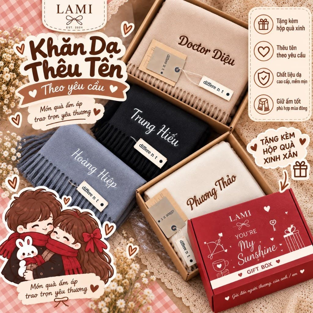 (THÊU TÊN) Khăn Len Dạ Cao Cấp Thêu Tên Theo Yêu Cầu Khăn Choàng Cổ Quà Tặng Bạn Trai Bạn Gái Valentine 65*200cm