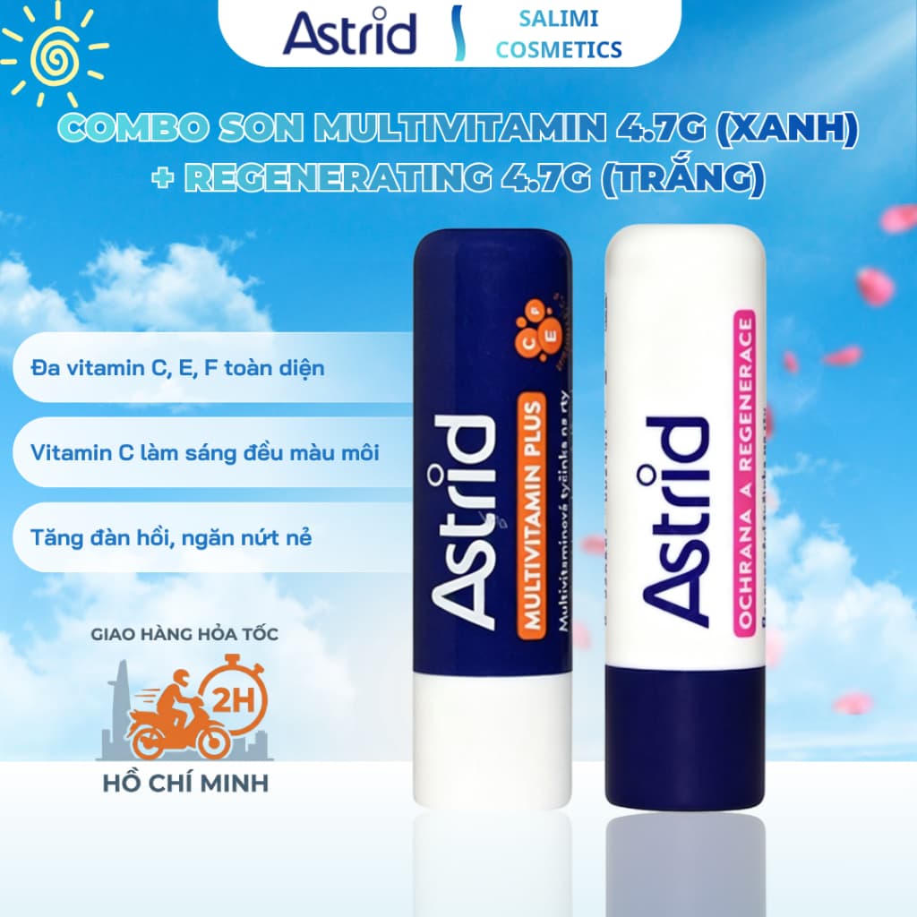 Son Dưỡng Môi Astrid 4.7g - Vỏ Xanh & Trắng, Đa Vitamin C E F, Dưỡng Ẩm, Làm Mềm Môi