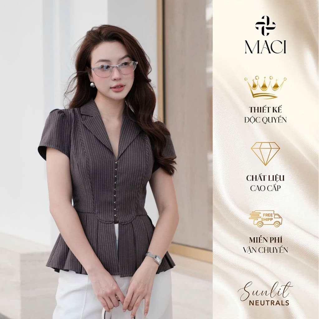 Áo Peplum Cổ Vest Ngắn Tay Cách Điệu Chất Trượt Kẻ Thanh Lịch MACI MCASMKE0415 Thời Trang Nữ