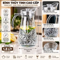 Bình Nước Thủy Tinh Cao Cấp 1.8L – Bình Đựng Nước Trái Cây Có Nắp, Quai Cầm Chắc Tay, Họa Tiết Sang Trọng 3
