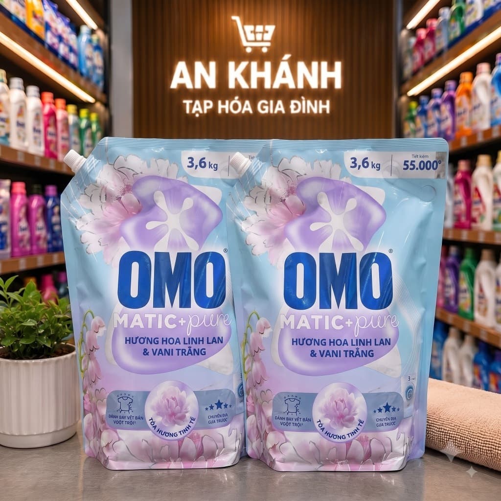 COMBO 2 TÚI NƯỚC GIẶT OMO MATIC PURE CỬA TRƯỚC HƯƠNG LINH LAN & VANI TRẮNG 3,6KG/TÚI
