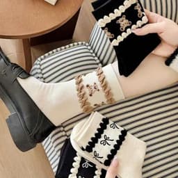 Combo 10 Đôi Vớ Nữ Cổ Cao Cotton Dệt Kim Phối Nơ Gấu Ren - Tất Cổ Dài Thu Đông Hàn Quốc Co Giãn Giữ Ấm Dễ Thương 8